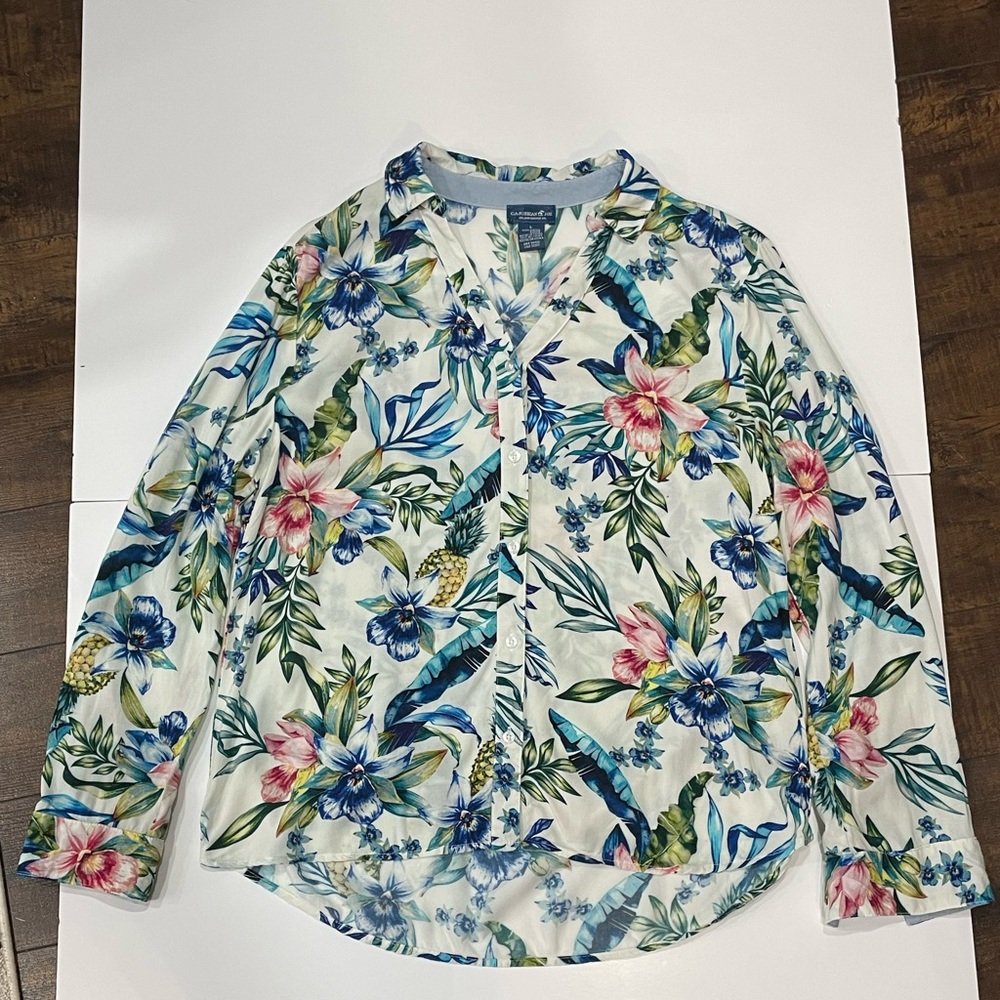 Caribbean Joe Women's Woven Roll Tab Shirt Button Down Shirt Floral Print Size L
